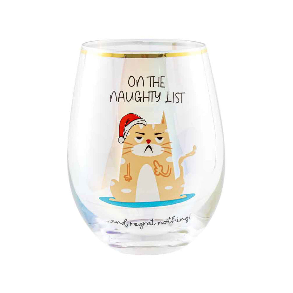 2PK Novelty Christmas On The Naughty List And 600ml Stemless Wine Glass