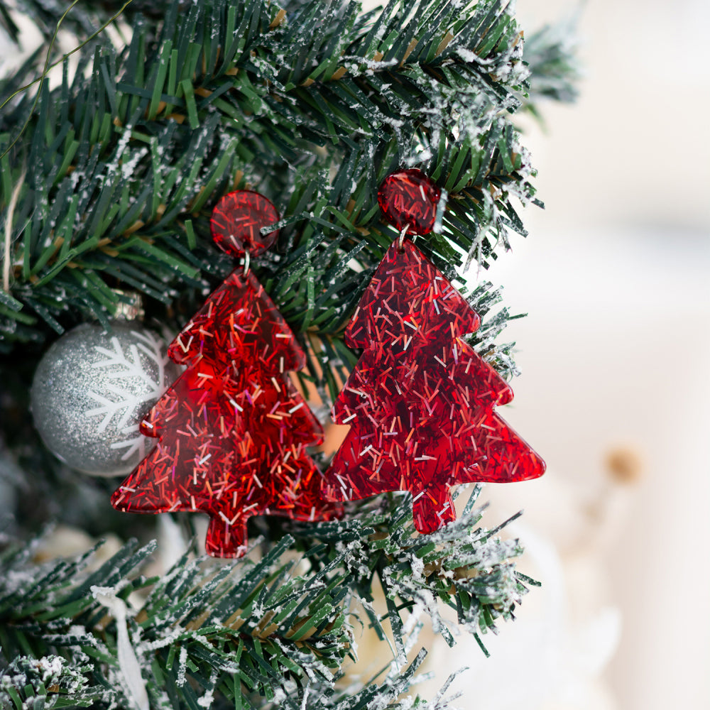 2PK Splosh Stainless Steel Christmas Tree Earrings - Red