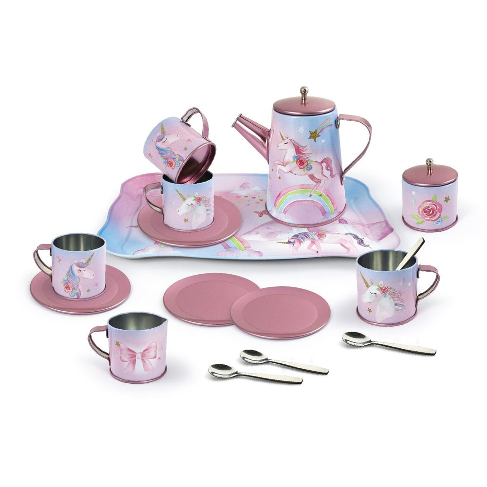 18pc Kaper Kidz Rainbow Unicorn Kids/Childrens Tin Tea Mug Set In Suitcase 3y+