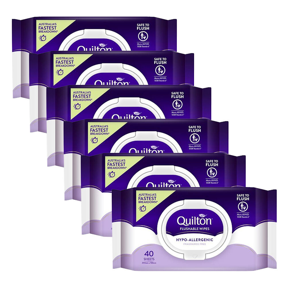 6x 40pc Quilton Flushable Wet Wipes Hypo-Allergenic Fragrance Free 20x15cm
