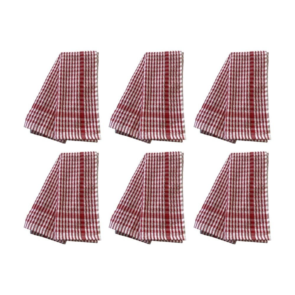 6x2pc CDSI Essential Terry Towel Check Cotton Absorbent Durable Red 45x65cm