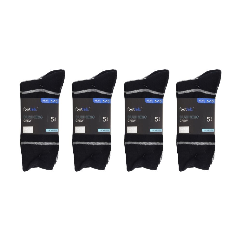 4x 5PK Footlab Mens Business Crew Socks Size 6-10 Cotton Rich Black W/ Stripe