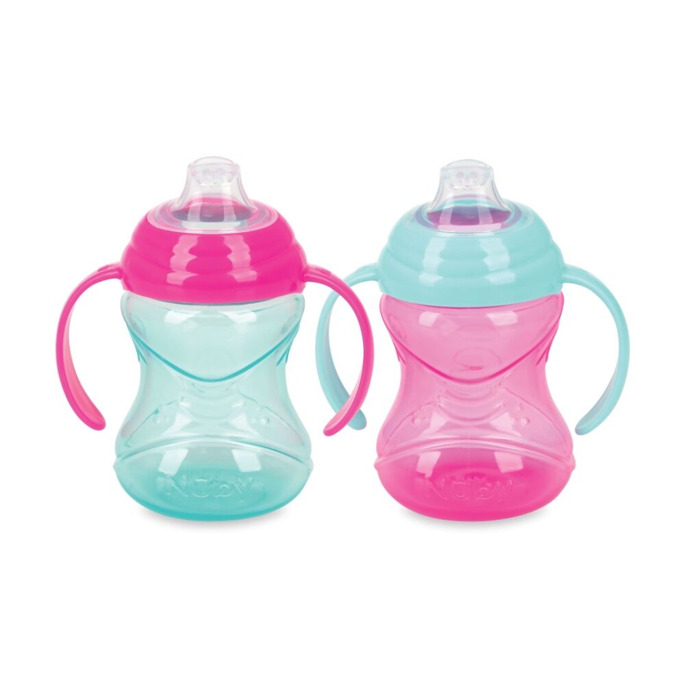 2pc Nuby Clik-It Soft Spout Grip N Sip Toddler Cup 300ml Orange/Teal 4m+