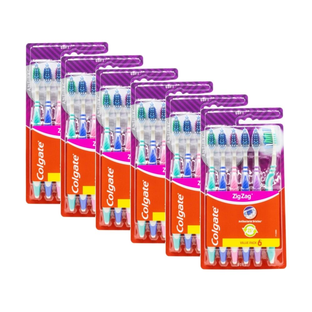 6x 6pc Colgate Zig Zag Antibacterial Bristle Dental Toothbrush Set Soft