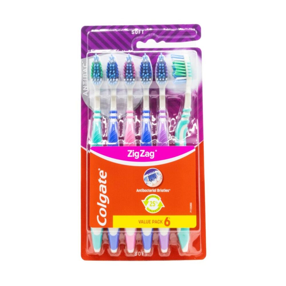6x 6pc Colgate Zig Zag Antibacterial Bristle Dental Toothbrush Set Soft