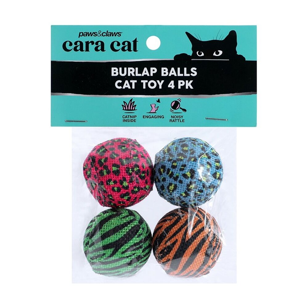 6x 4pc Paws And Claws Cara Cat Burlap Balls 4cm Rattle Toy Set Multicoloured