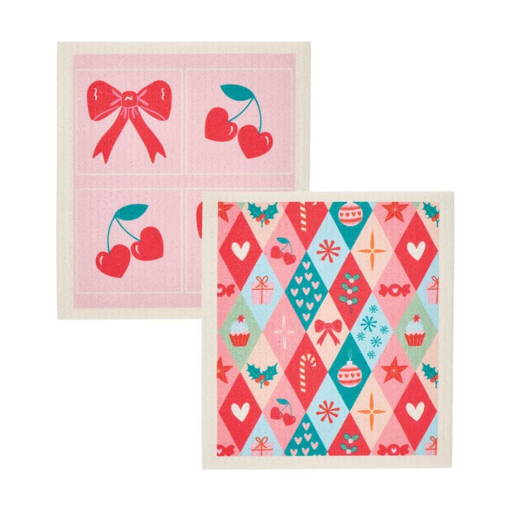 6x 2pc Annabel Trends Dish Cloths Christmas & Bows/Cherries 17x19cm