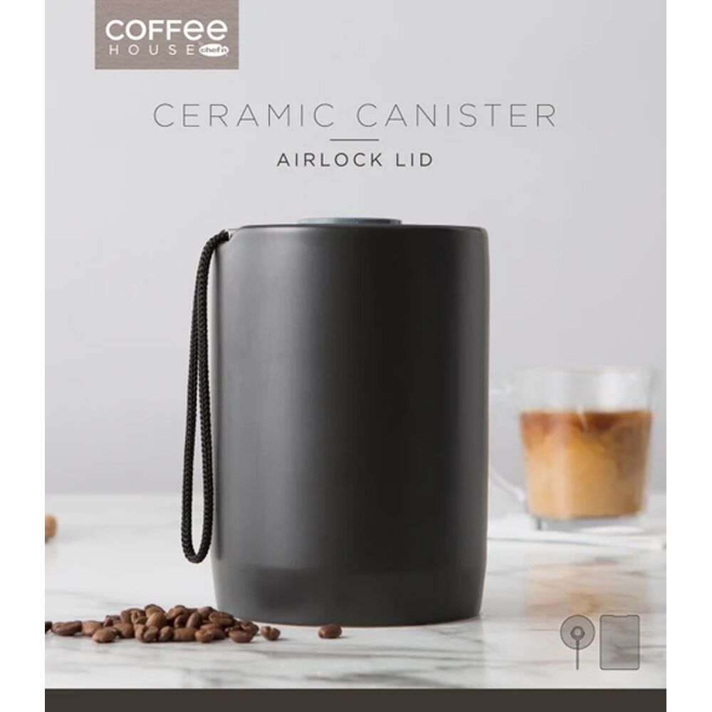 Chef'n Ceramic Coffee Canister Airlock Lid 1.4L Black Ceramic Storage Container
