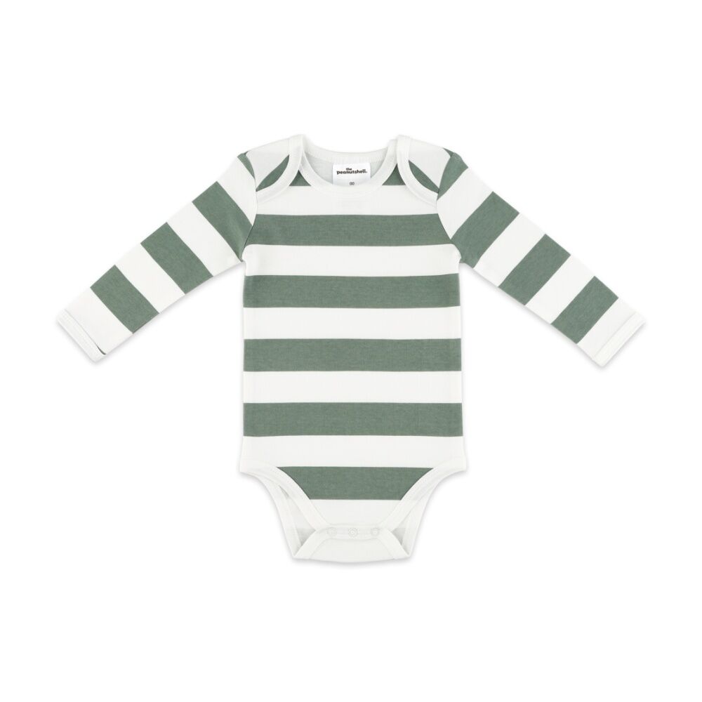 3pc The Peanutshell Baby Buttoned Top/Pants W/ Striped Bodysuit Ribbed Green