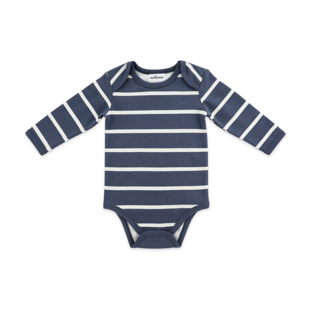 3pc The Peanutshell Baby Buttoned Top & Pant W/ Striped Bodysuit Ribbed Blue