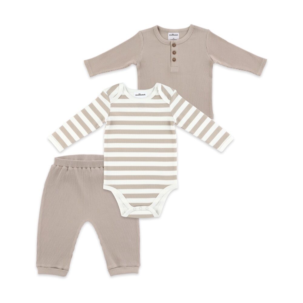 3pc The Peanutshell Baby Buttoned Top/Pants W/ Striped Bodysuit Ribbed Taupe