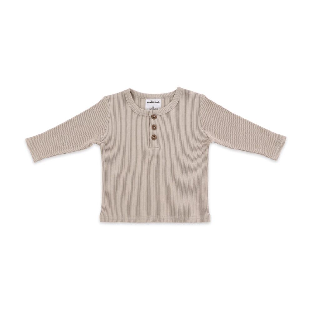 3pc The Peanutshell Baby Buttoned Top/Pants W/ Striped Bodysuit Ribbed Taupe