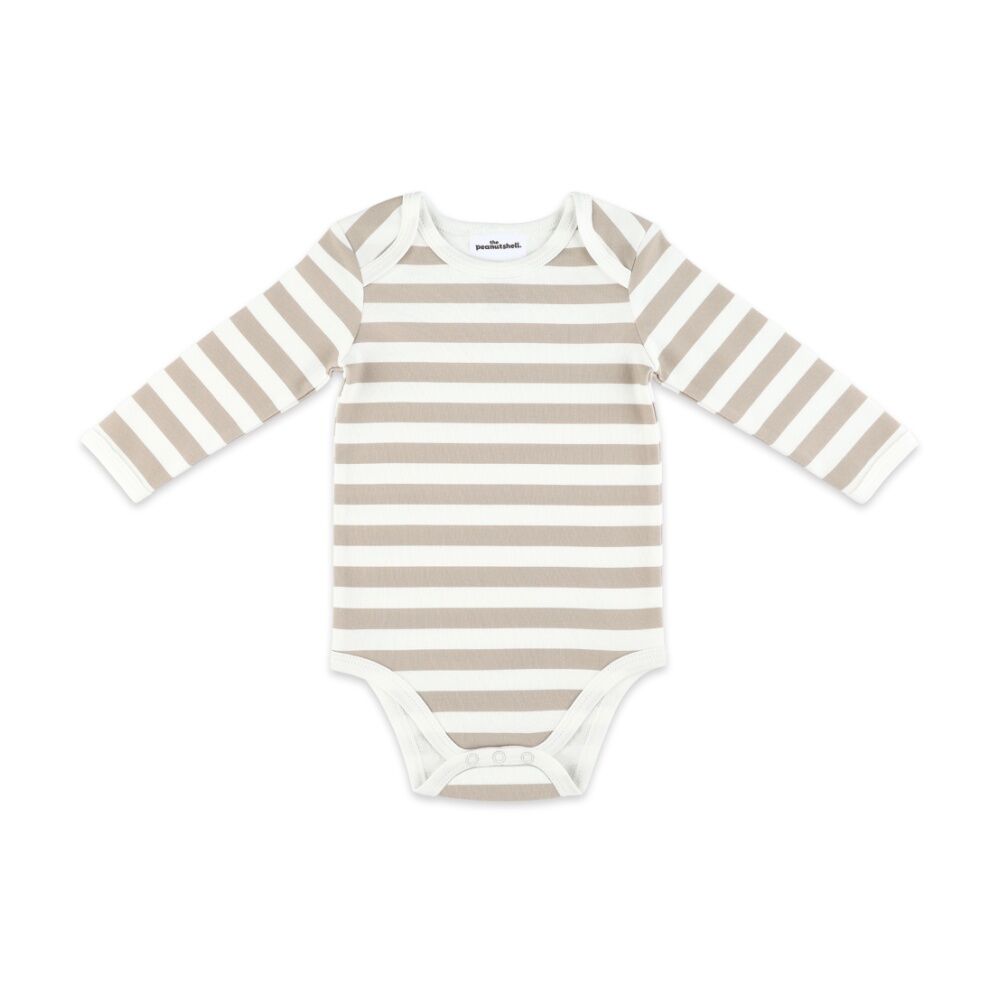 3pc The Peanutshell Baby Buttoned Top/Pants W/ Striped Bodysuit Ribbed Taupe