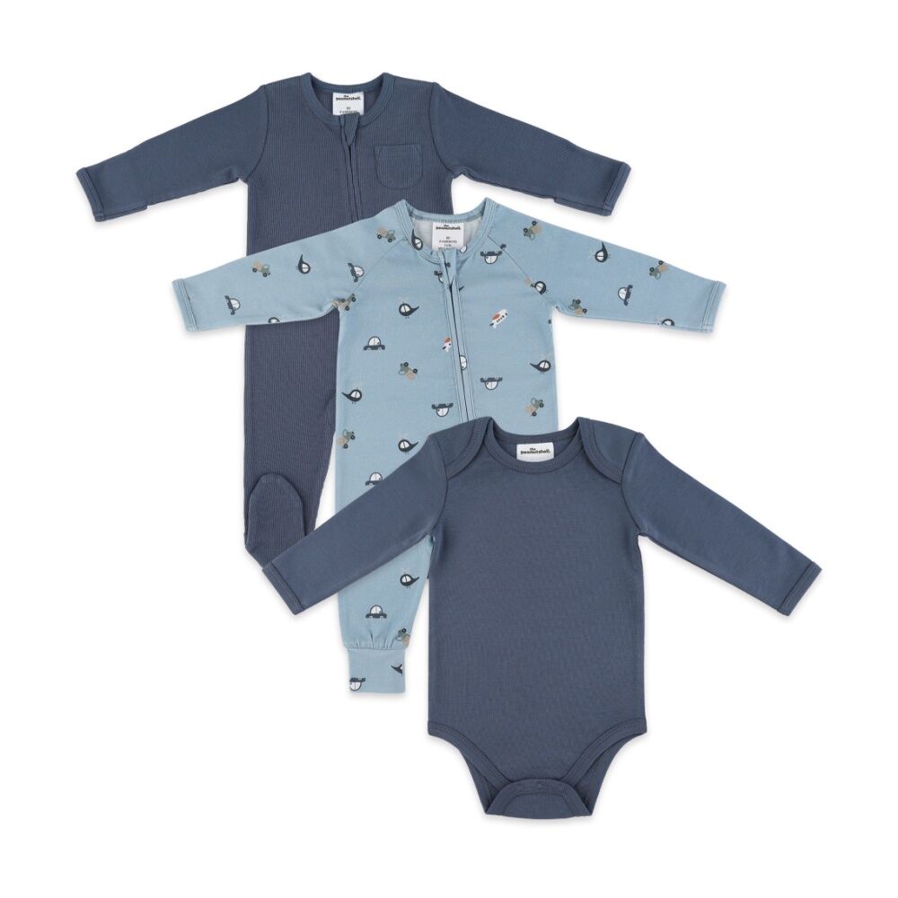 3pc The Peanutshell Baby Footed & Footless Vehicles Romper W/ Bodysuit Navy
