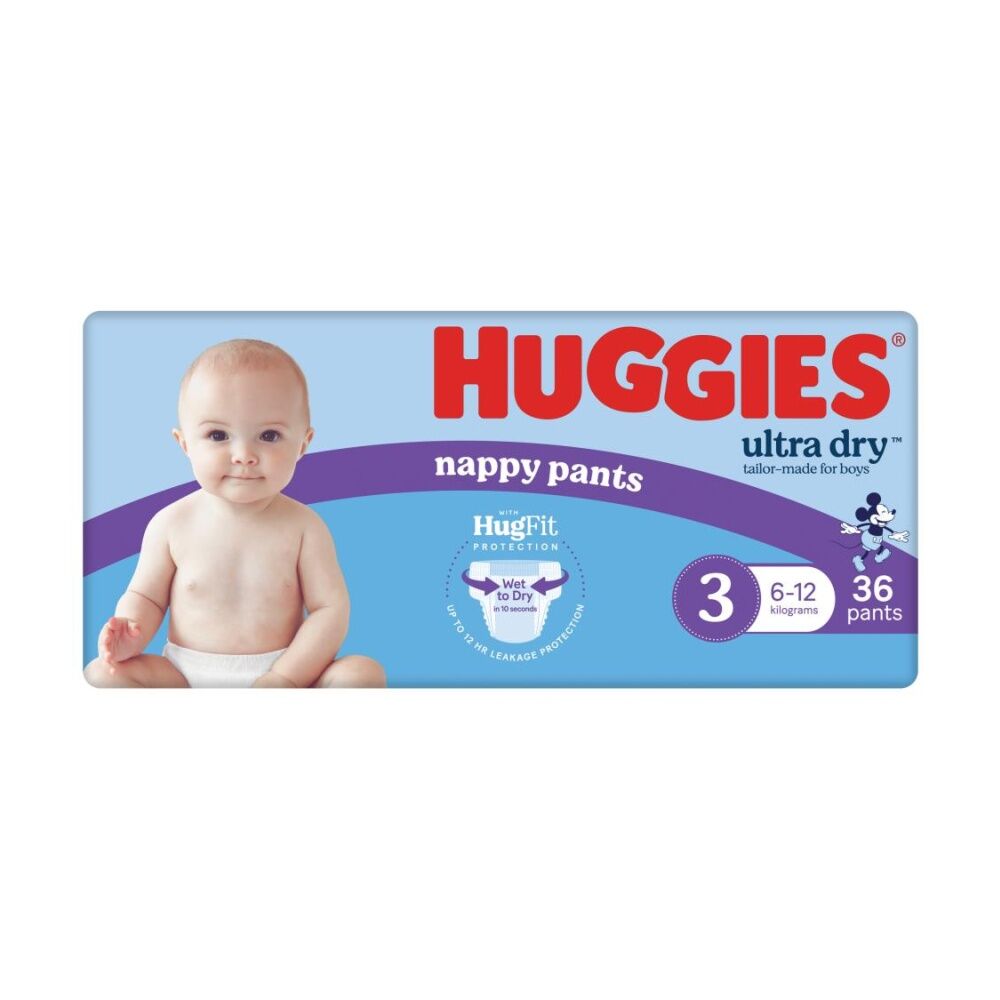2x 36pc Huggies Ultra & Rapid Dry Nappy Pants Size 3 Boys 6-12kg
