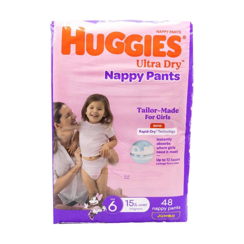 2x 48pc Huggies Ultra & Rapid Dry Jumbo Nappy Pants Size 6 Girls 15kg+