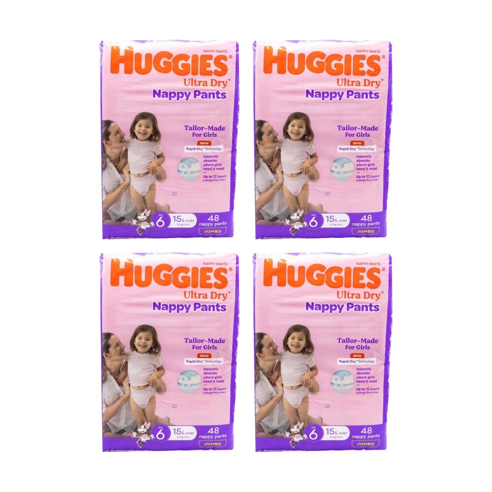 4x 48pc Huggies Ultra & Rapid Dry Jumbo Nappy Pants Size 6 Girls 15kg+