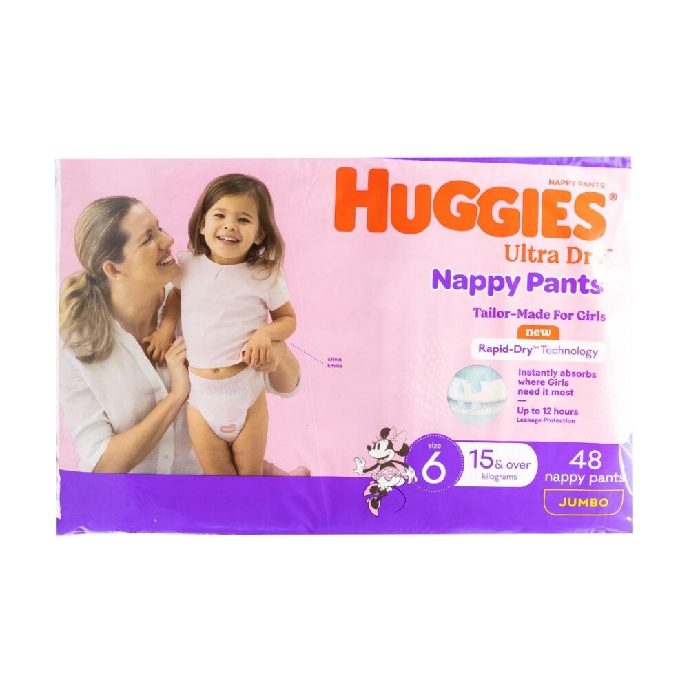 4x 48pc Huggies Ultra & Rapid Dry Jumbo Nappy Pants Size 6 Girls 15kg+