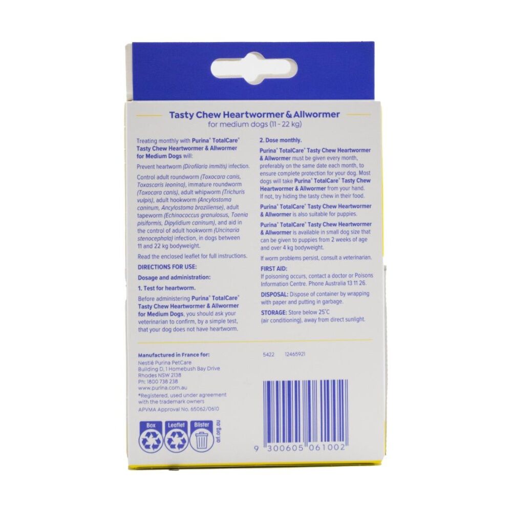 3pc Purina Total Care Tasty Chews Heartwormer & Allwormer For Dogs Med 11-22kg