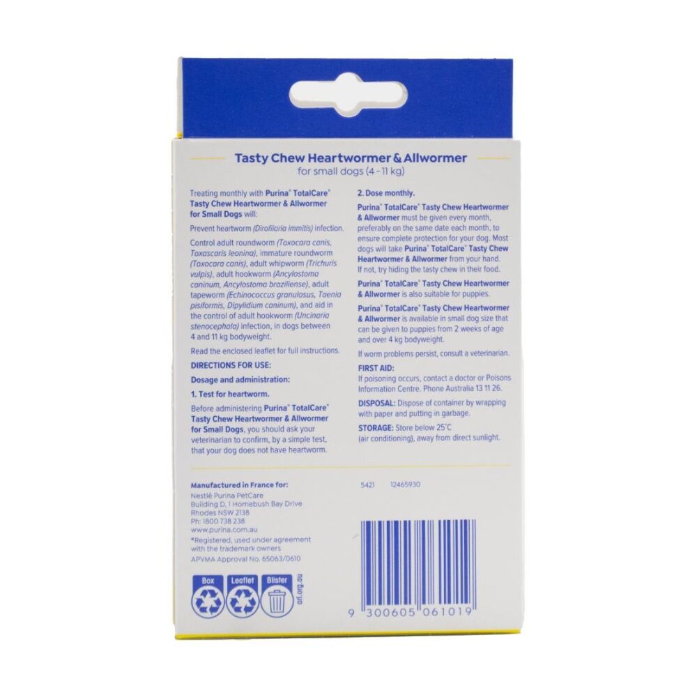 6x 3pc Purina Total Care Tasty Chews Heartwormer & Allwormer For Dogs S 4-11kg