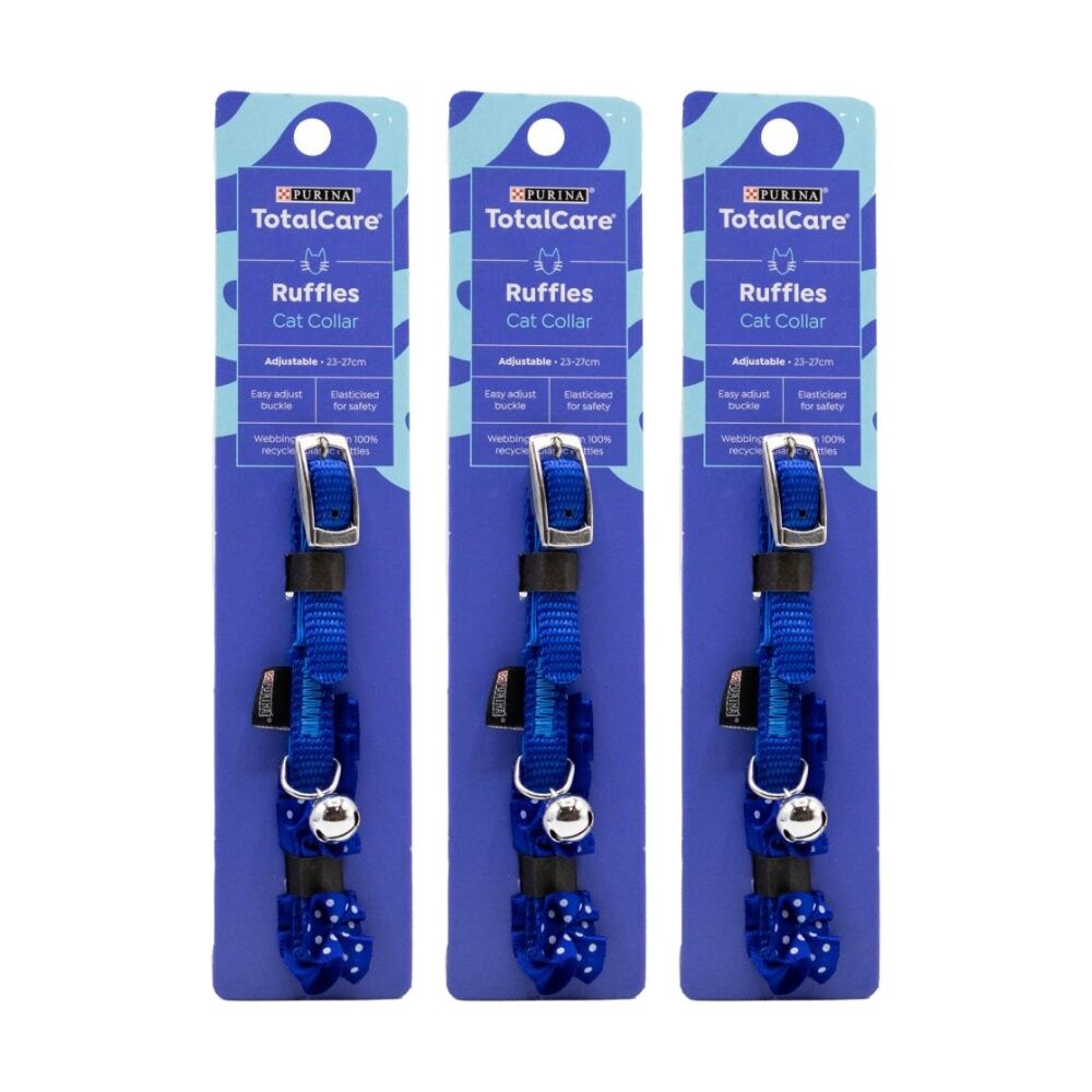 3PK Purina Total Care Ruffles Adjustable Cat Collar W/ Bell 23-27cm Assorted