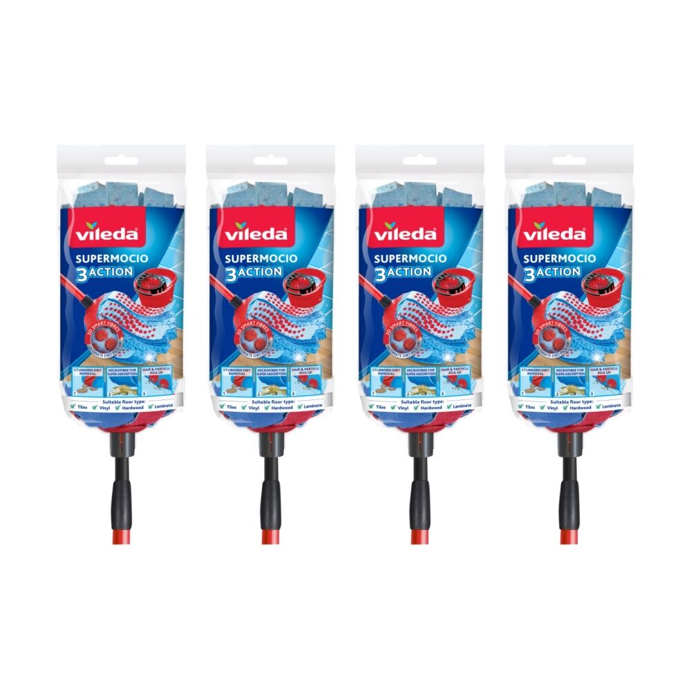 4PK Vileda SuperMocio 3 Action Mop Telescopic Handle Three Cleaning Zones