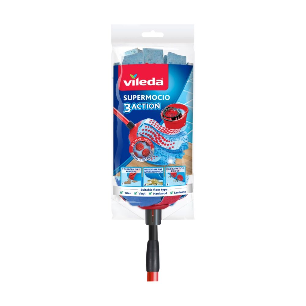 4PK Vileda SuperMocio 3 Action Mop Telescopic Handle Three Cleaning Zones