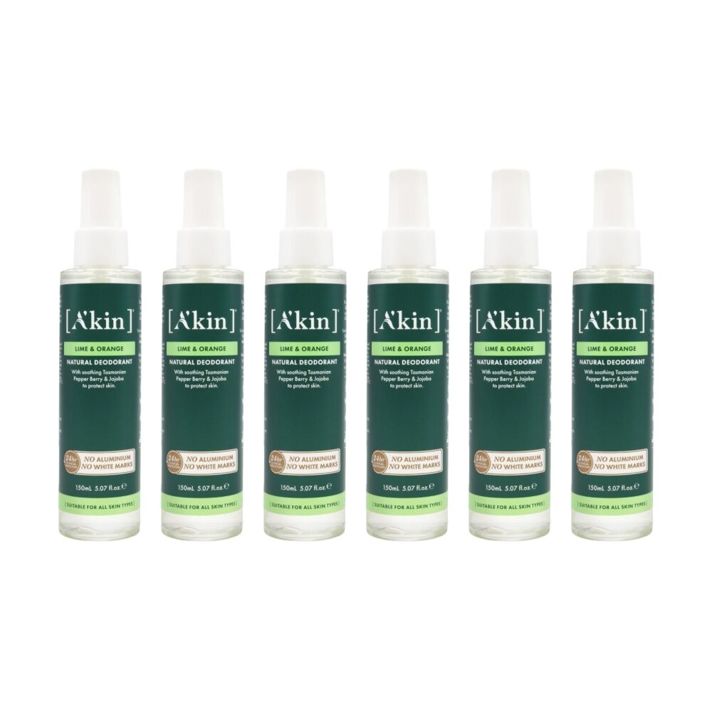 6PK Akin Deodorant Natural Lime & Orange 150mL Refreshing Citrus Scented Spray