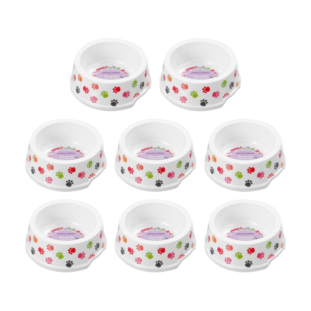 8PK Paws And Claws Printed Melamine Pet Cat Bowl Assorted 14.5x5.5cm 200ml