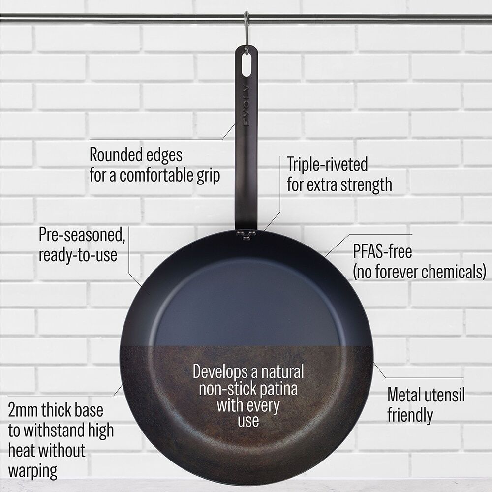 Evolv Pre-Seasoned Heavy Gauge Fast Heat Carbon Steel Fry Pan 32cm