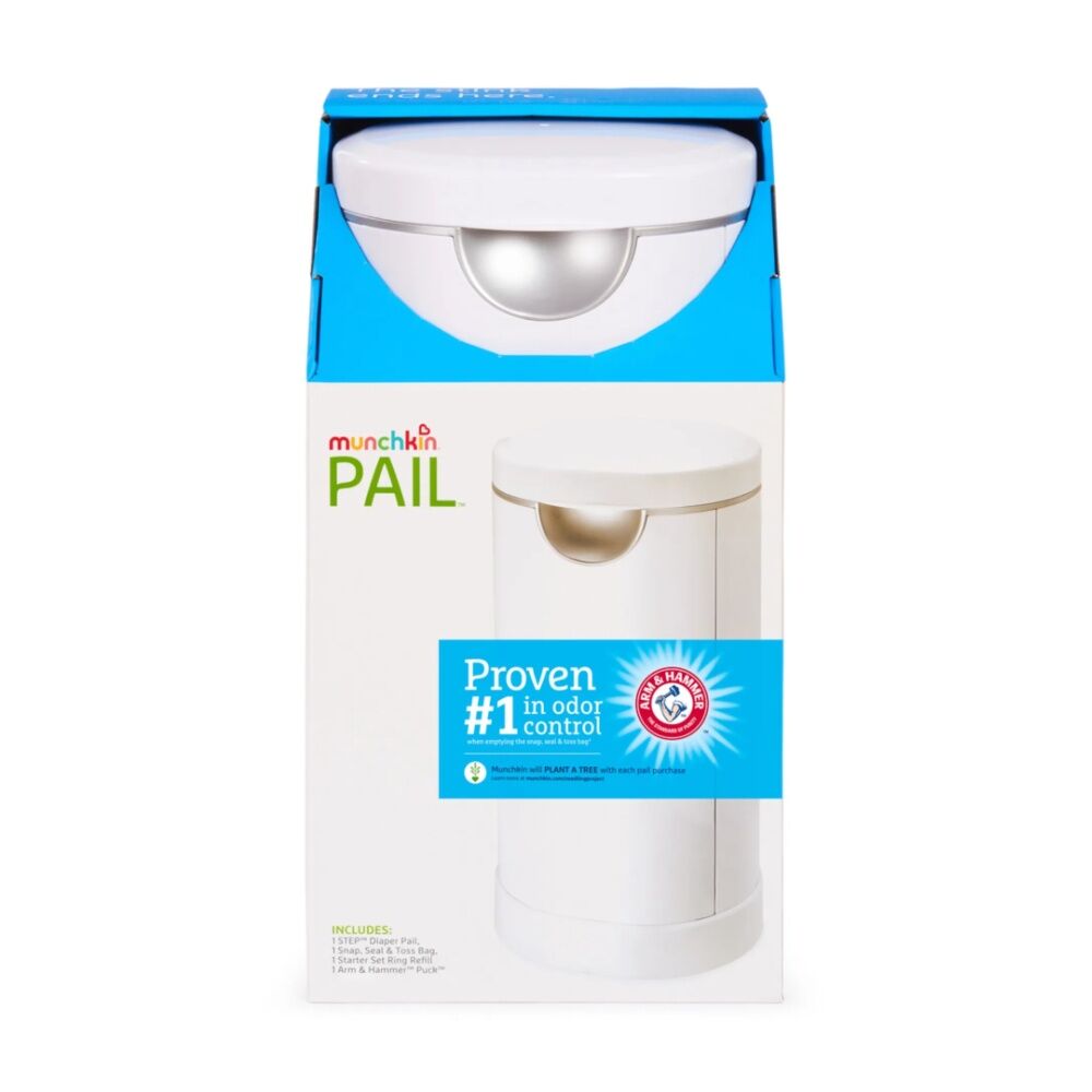 Munchkin 30L Baby Diaper Pail Self-Sealing Nappy Bin w/ Starter Refill White