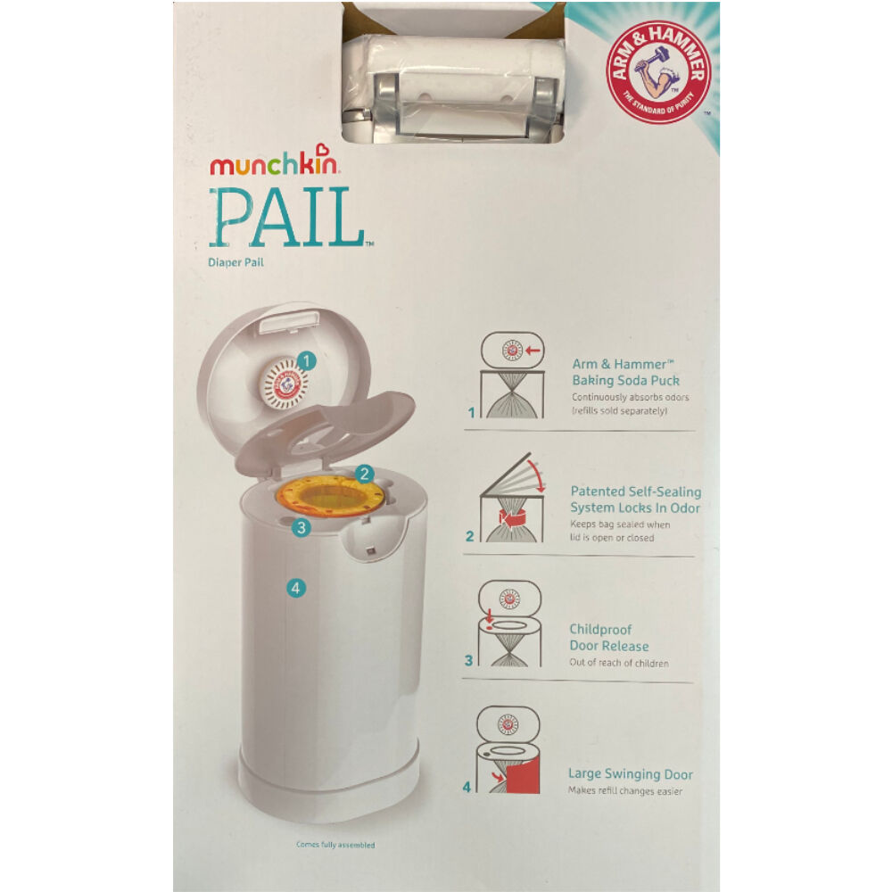 Munchkin 30L Baby Diaper Pail Self-Sealing Nappy Bin w/ Starter Refill White
