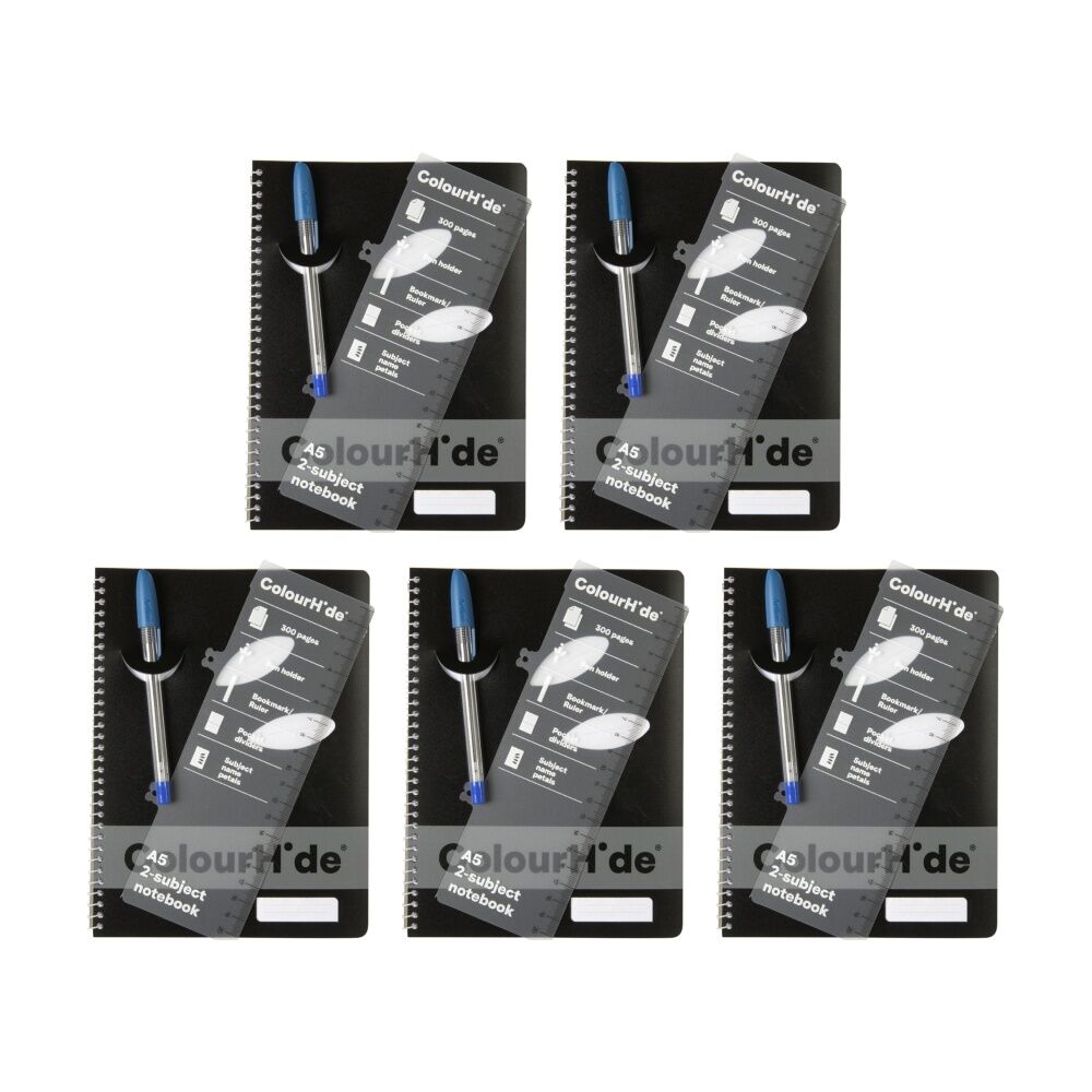 5PK Colourhide A5 Spiral Subject Book School Writing Notebook 300 Pages Black