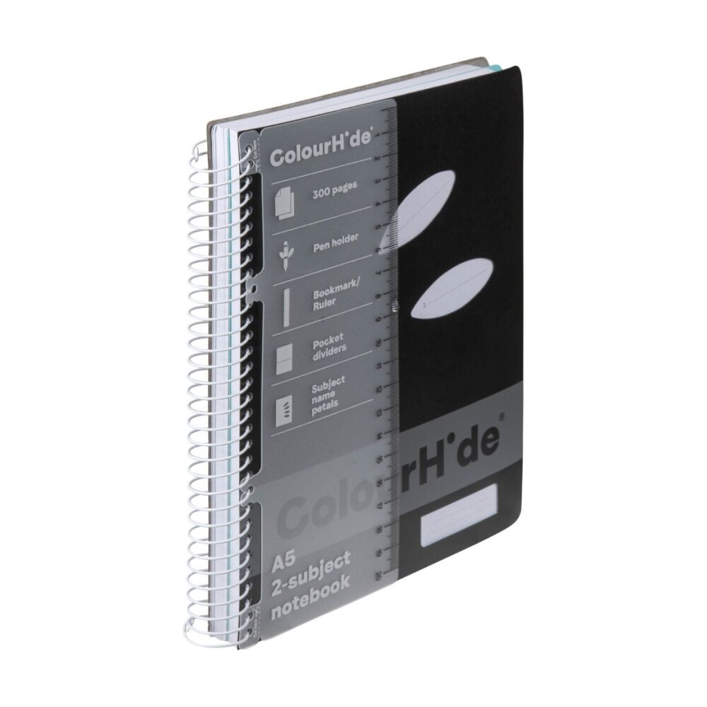 5PK Colourhide A5 Spiral Subject Book School Writing Notebook 300 Pages Black