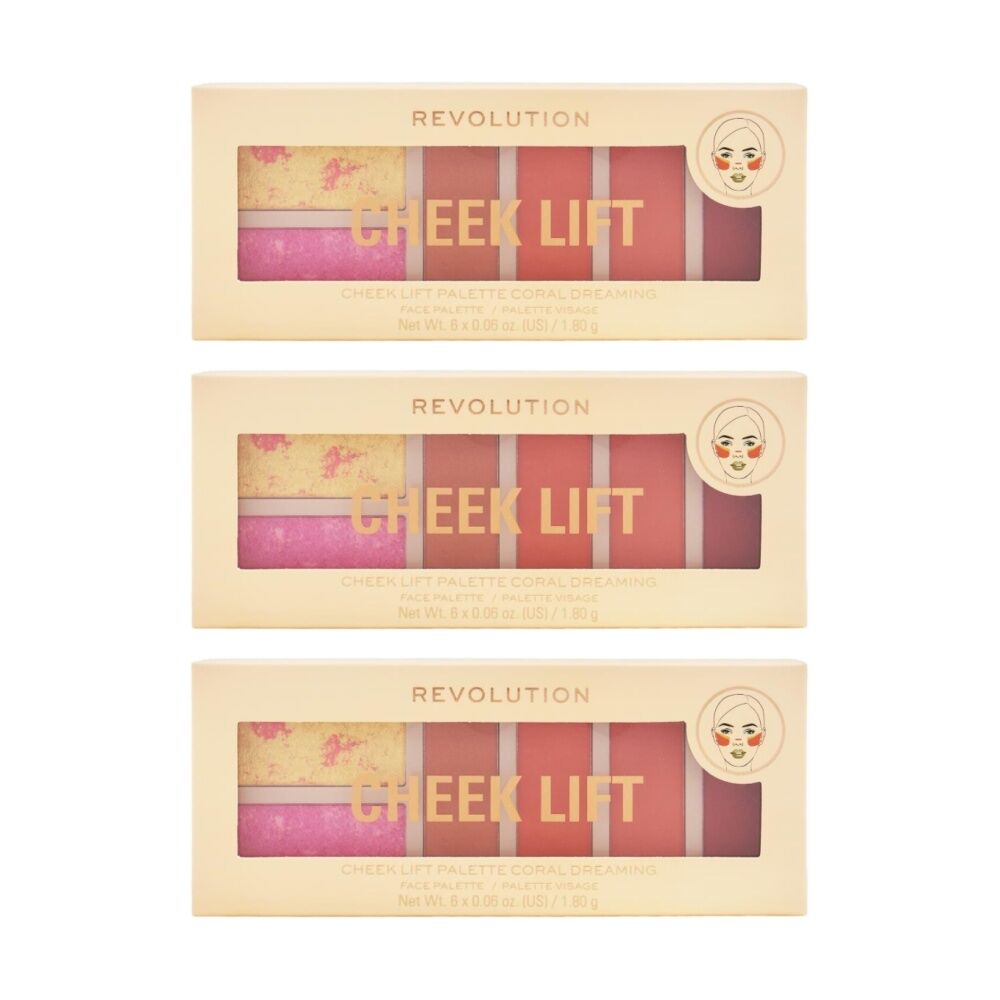 3PK Revolution Cheek Lift Palette Coral Dreaming Face Blush Makeup 1.8g