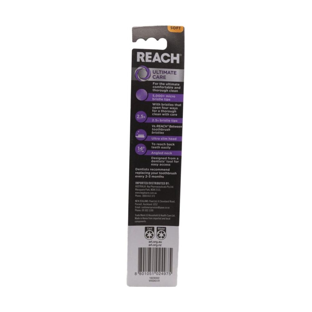 10PK Reach Ultimate Care Toothbrush W/ Multi-Level Bristles Soft Asstd Colours