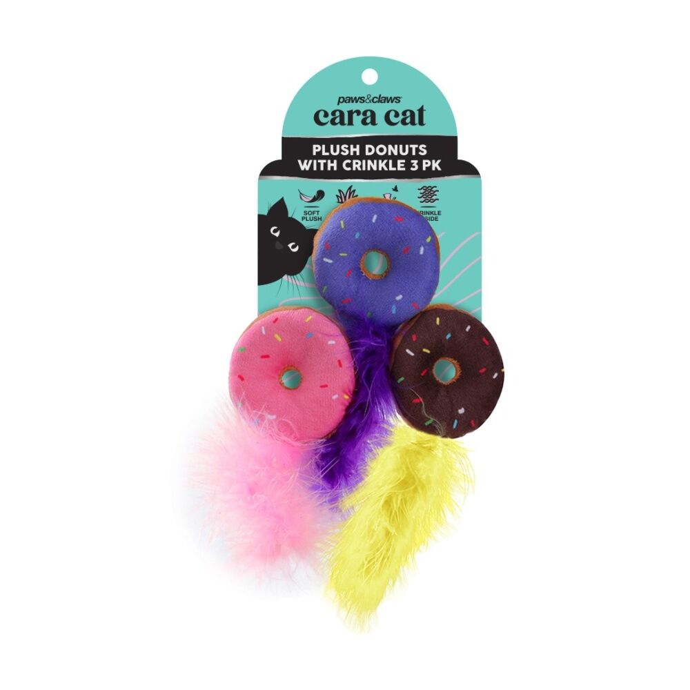 6x 3pc Paws And Claws Cara Cat Plush Donuts Crinkle Play Toy Set 6x12cm