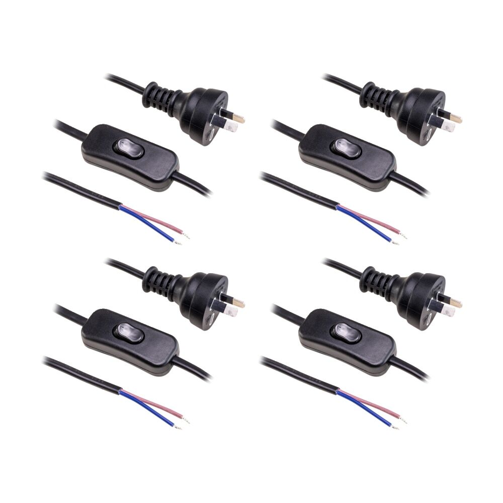 4PK Doss Inline Switch Power Lead Black 2.3Mt 2 Core Cord 2.3m Cable