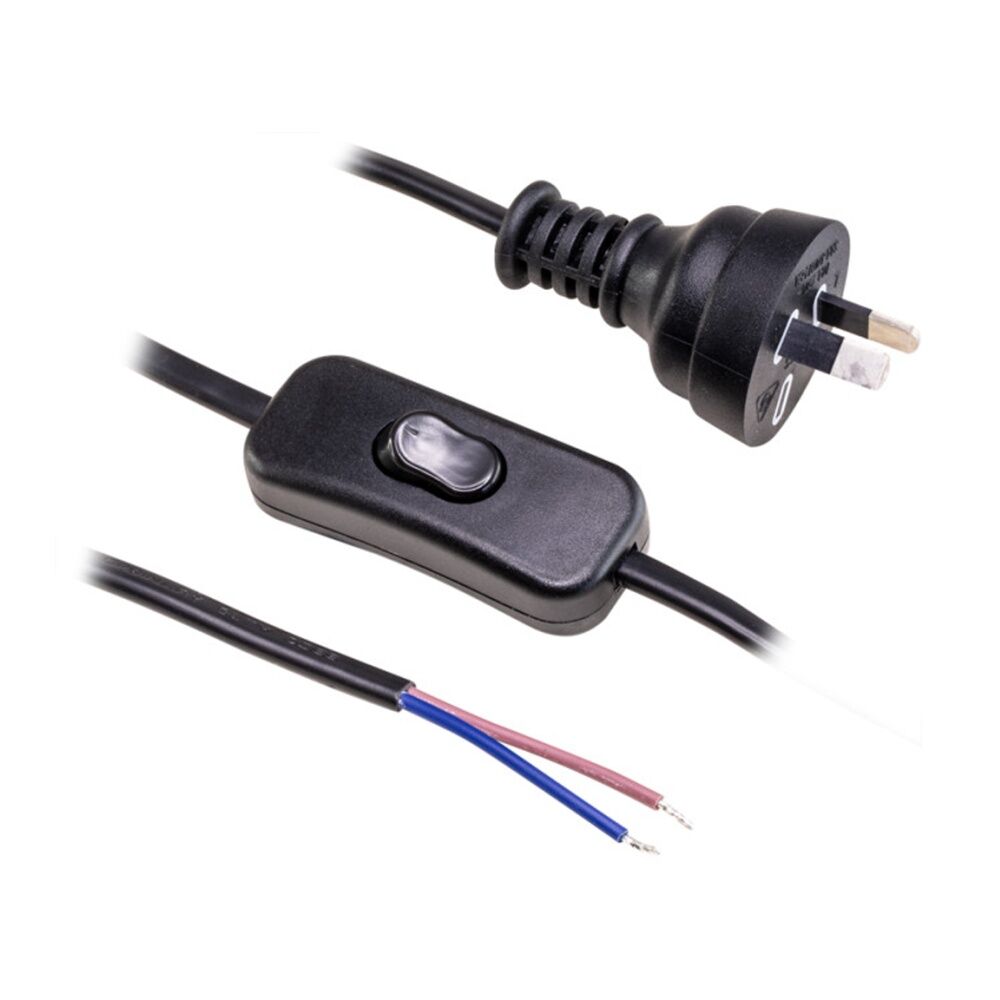 8PK Doss Inline Switch Power Lead Black 2.3Mt 2 Core Cord 2.3m Cable