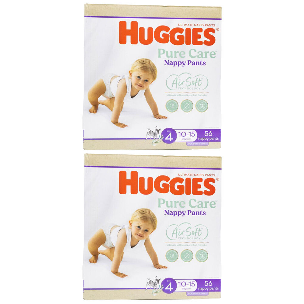 2x 56pc Huggies Pure Care Air Soft Nappy Pants Size 4 Boys & Girls 10-15kg