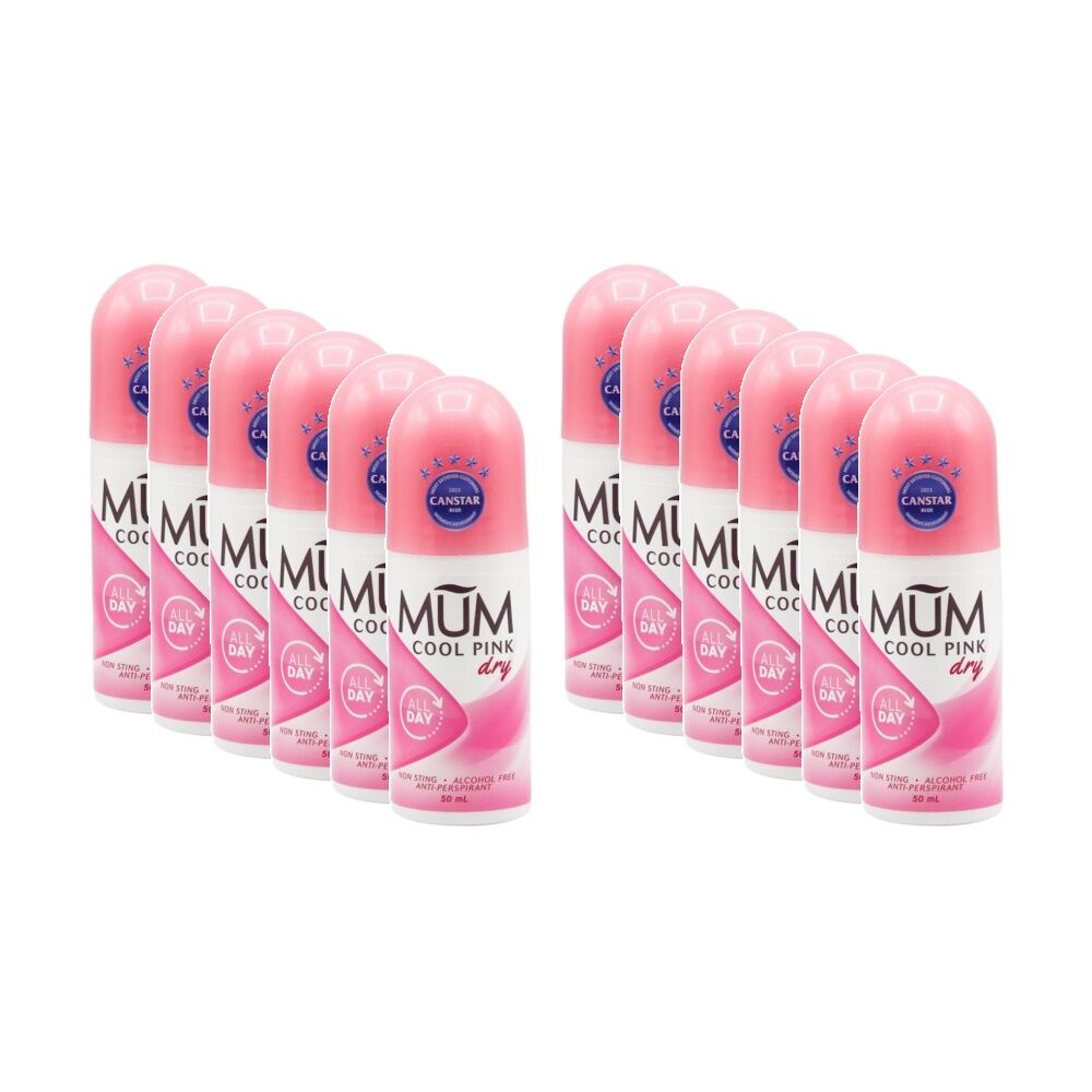 12PK MUM Roll On Antiperspirant Deodorant Cool Pink Non-Sting 50mL