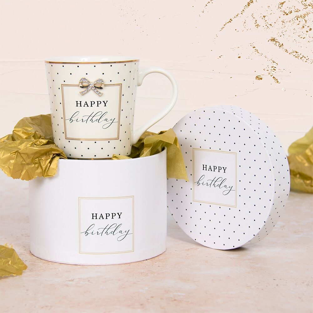 2PK Madelaine Birthday Fine China Coffee Mug w/ Gold Rim Bow Pink