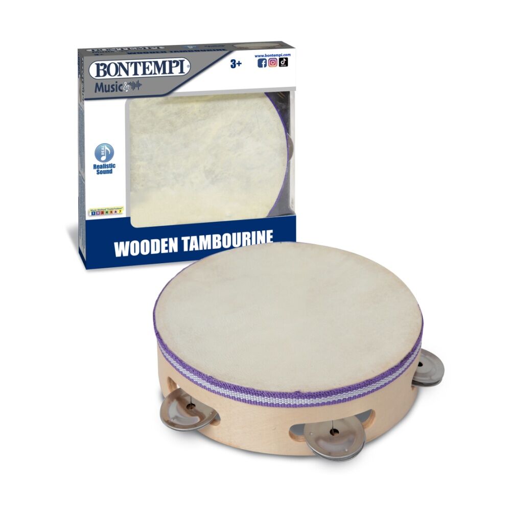 2PK Bontempi Wooden Tambourine Membrane Cymbals Realistic Sound Natural 190mm