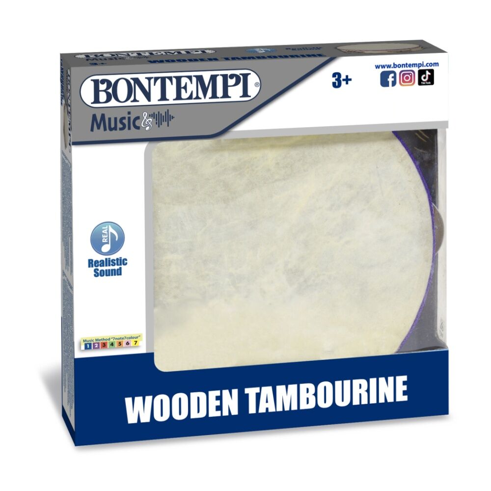 2PK Bontempi Wooden Tambourine Membrane Cymbals Realistic Sound Natural 190mm