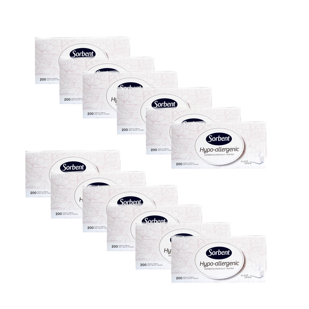 12x 200pc Sorbent Facial Tissues Hypoallergenic Soft Box Gentle White