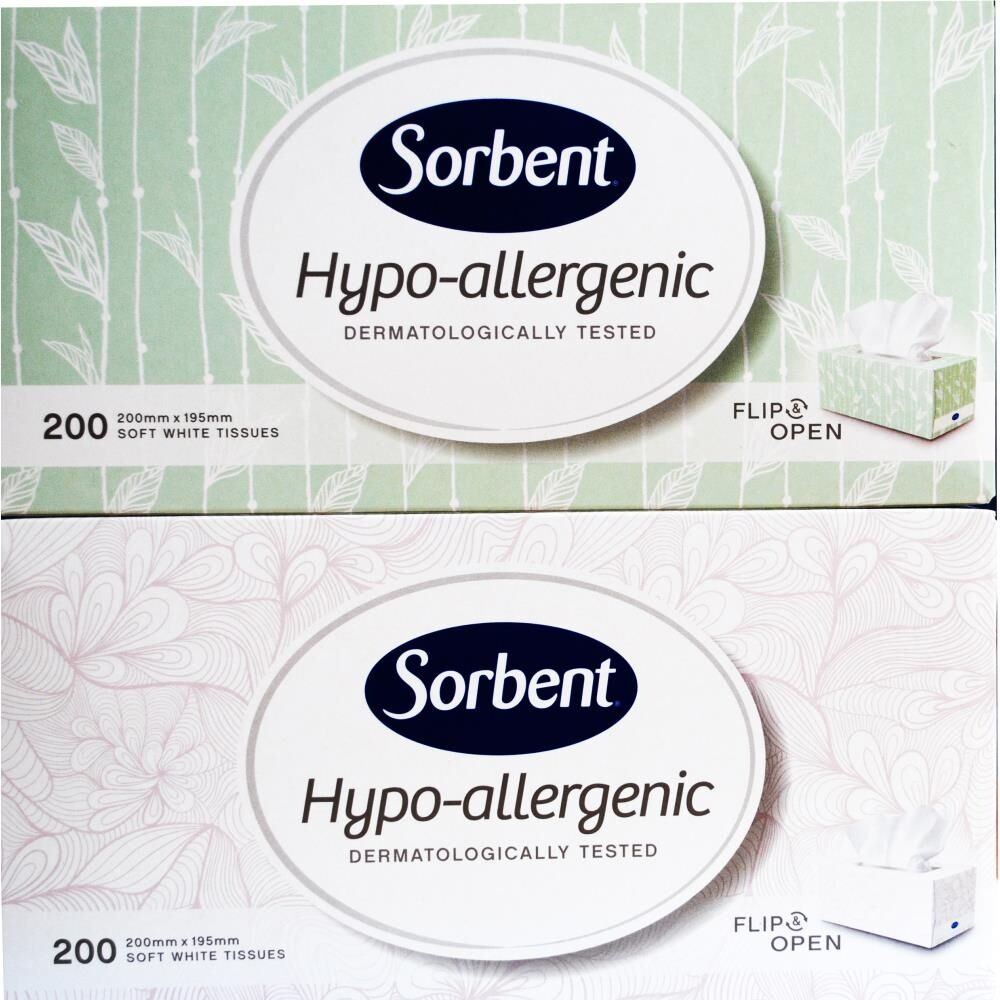 12x 200pc Sorbent Facial Tissues Hypoallergenic Soft Box Gentle White