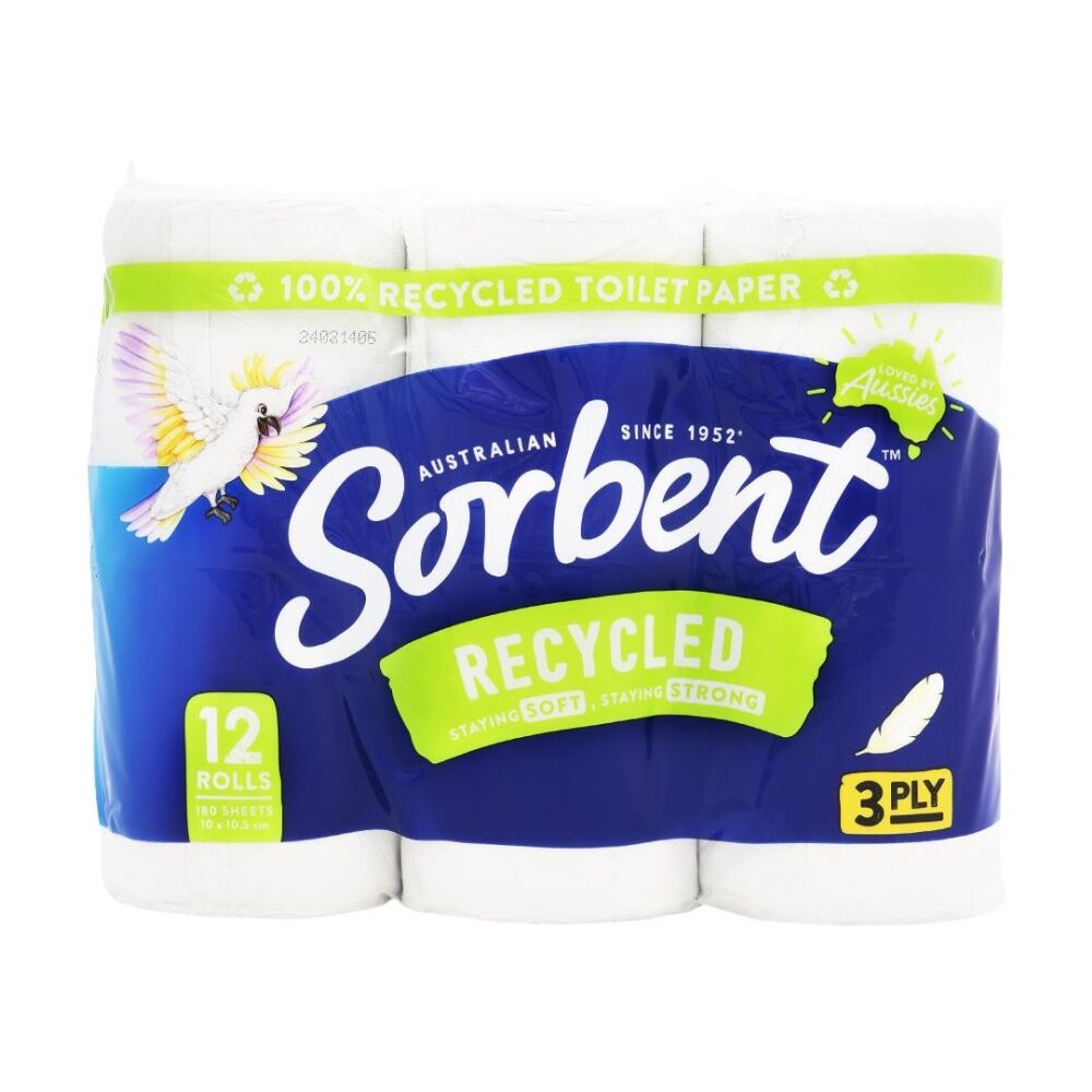 4x 12pc Sorbent Toilet Roll Paper Set 3 Ply Recycled Toilet-Paper