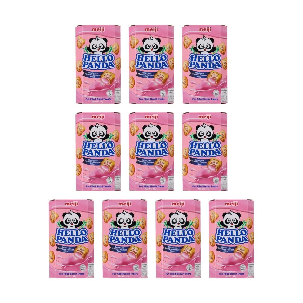 10PK Meiji Hello Panda Biscuits Strawberry Flavoured Filling Treat 47g