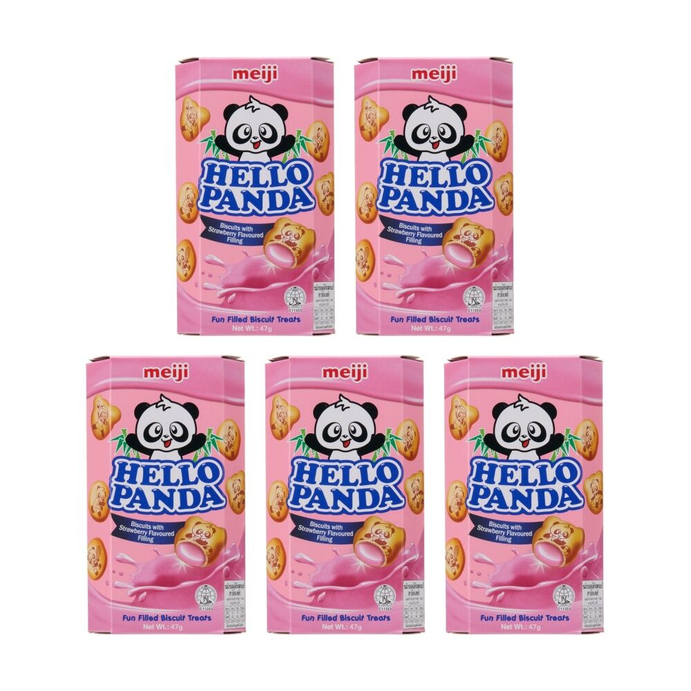 5PK Meiji Hello Panda Biscuits Strawberry Flavoured Filling Treat 47g