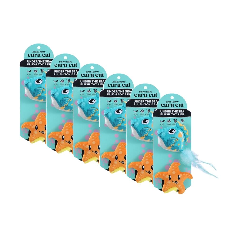 6x 2pc Paws And Claws Cara Pet Cat Sea Life Plush Toy Assorted 10x5x5cm